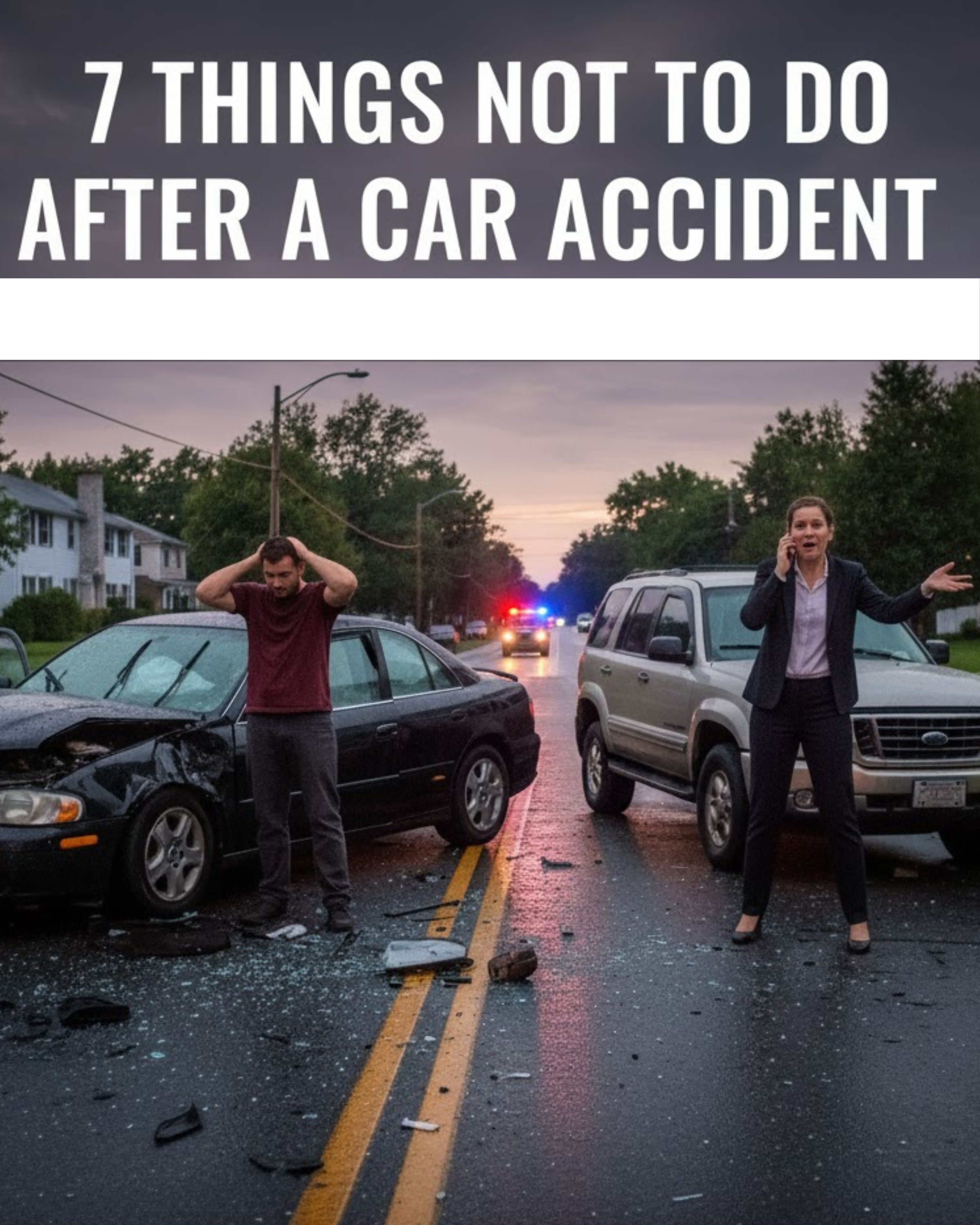 Two drivers stand beside their damaged cars after a minor collision on a suburban street, looking distressed while waiting for police assistance. The text above reads ‘7 Things Not to Do After a Car Accident.’ Image used by Slovin Chiropractic Center in Norwalk, CT for car accident recovery advice